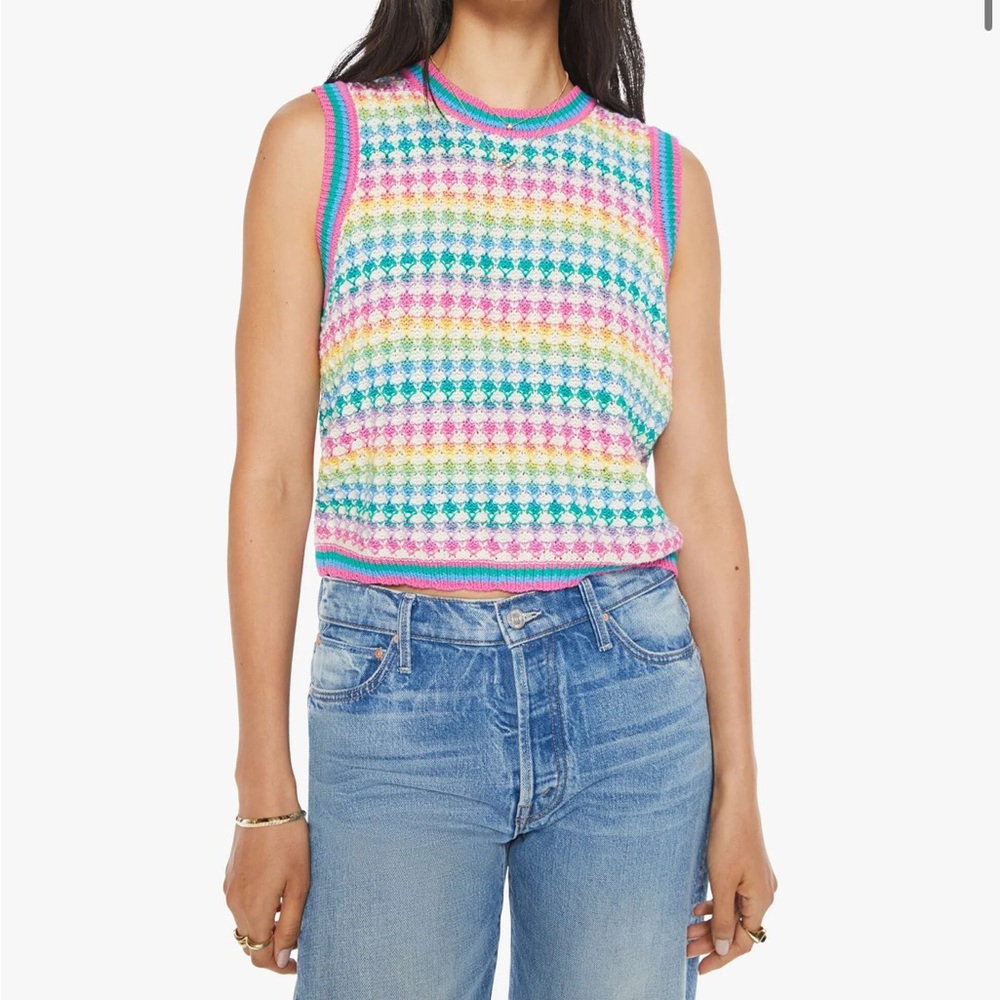 ISO MOTHER Blue and Pink Fitted Crop Tank Top